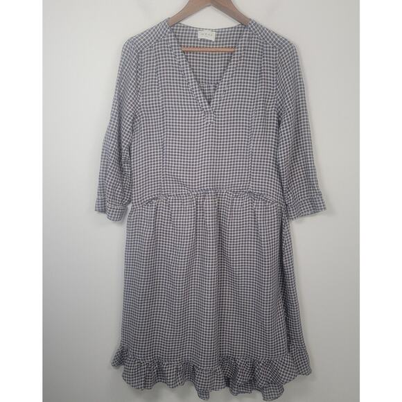 Wrap London 8 Gingham V Neck Peasant Dress Navy Beige Wool Blend - Picture 1 of 13